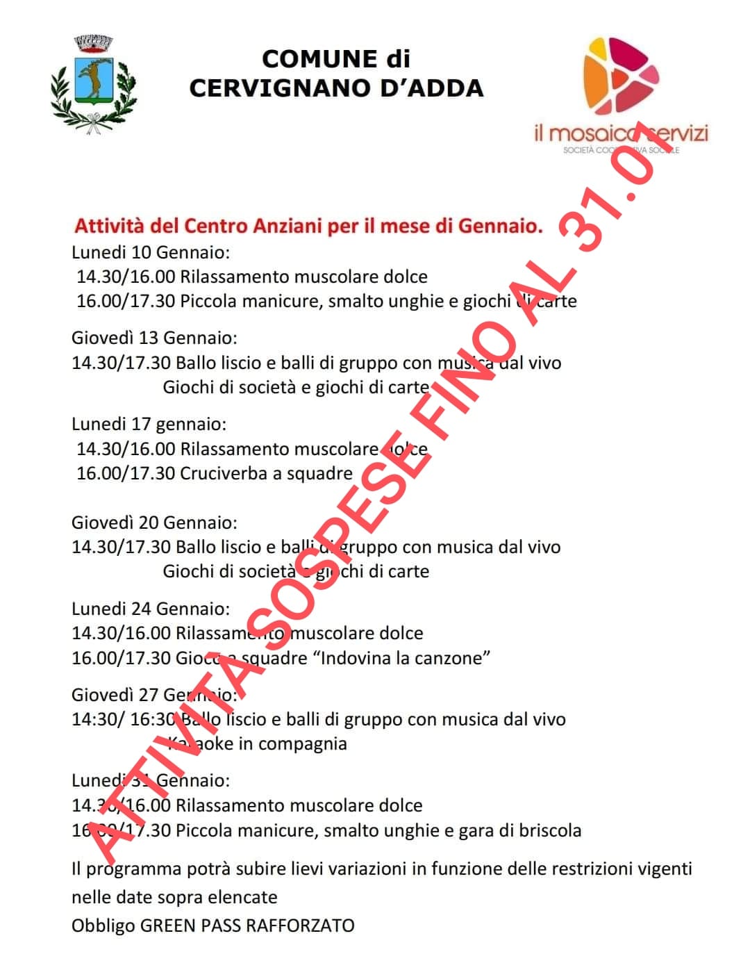 Sospensione Attivitò Centro Anziani